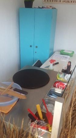 Crepería frente escuela y detrás de templo